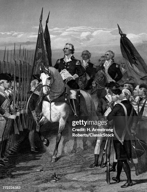 "ENGRAVING OF GEORGE WASHINGTON ON HORSEBACK TAKING COMMAND OF CONTINENTAL ARMY JULY 3, 1775 "