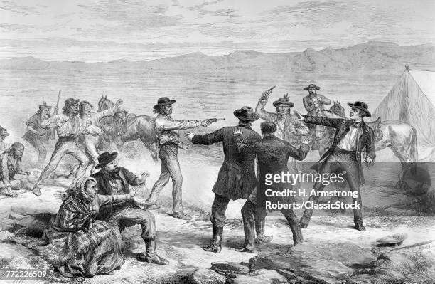1800s 1873 ENGRAVING OF THE MURDER OF GENERAL CANBY BY THE MODOC INDIANS DURING THEIR REBELLION TULE LAKE CALIFORNIA USA