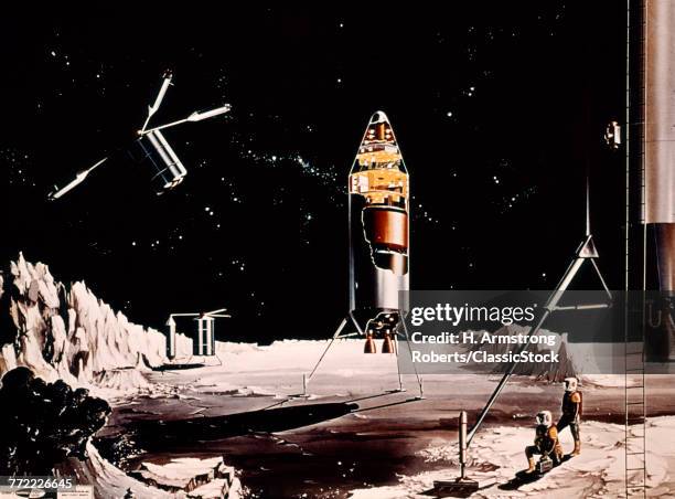 1960s FANTASY ILLUSTRATION LUNAR LANDING EXPLORATION MOON ASTRONAUTS SATELLITE ROCKET SCI FI SCIENCE FICTION