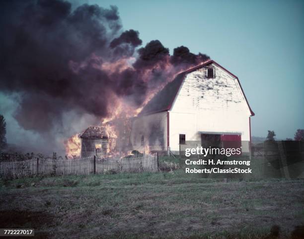 "1950s BURNING BARN DANGEROUS FLAMES BLACK SMOKE ST, ALBANS VERMONT USA "