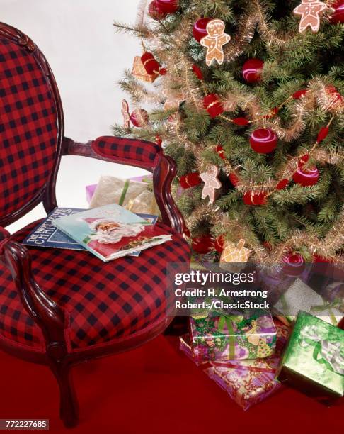 1970s RED PLAID ARMCHAIR HOLIDAY BOOKS BY CHRISTMAS TREE ORNAMENTS GIFTS GIFT PRESENTS UNDER TREE