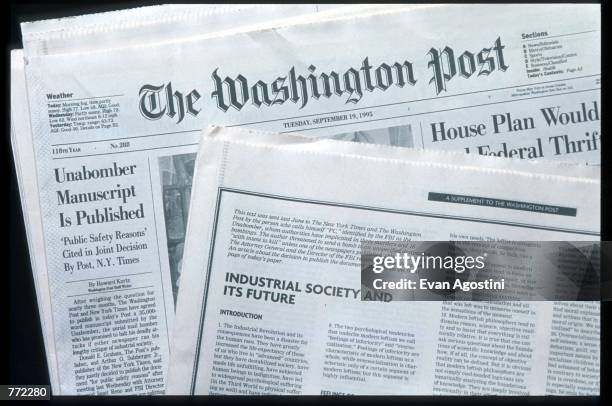 Washington Post newspaper contains the Unabomber's manifesto September 19, 1995 in USA. At the request of Attorney General Janet Reno and the F.B.I.,...