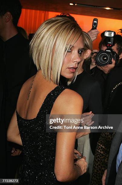 Victoria Beckham attends the cocktail party to celebrate the opening of the Roberto Cavalli flagship store on avenue Montaigne on October 4, 2007 in...