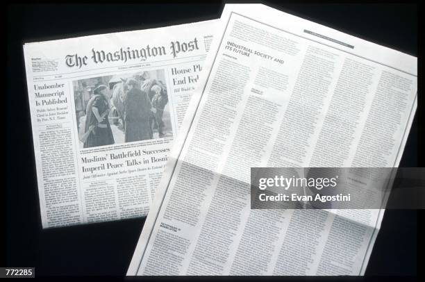 Washington Post newspaper contains the Unabomber's manifesto September 19, 1995 in USA. At the request of Attorney General Janet Reno and the F.B.I.,...