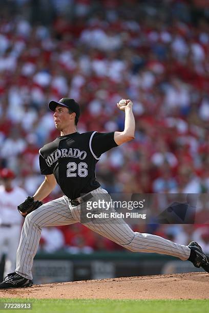 Jeff Francis of the Colorado Rockies pitches during game one of the National League Division Series against the Philadelphia Phillies at Citizens...
