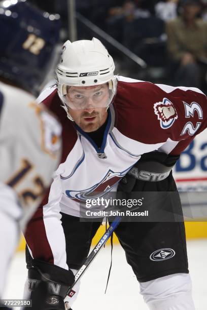 Milan Hejduk of the Colorado Avalanche eyes a faceoff against the Nashville Predators on October 4, 2007 at The Sommett Center in Nashville,...