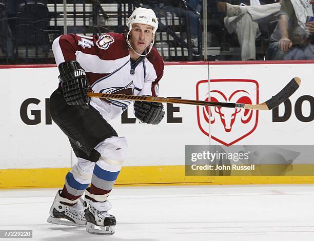 Ryan Smyth of the Colorado Avalanche skates against the Nashville Predators on October 4, 2007 at The Sommett Center in Nashville, Tennessee.