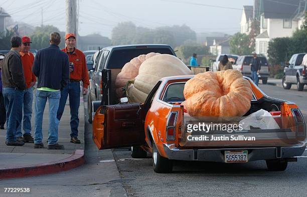 Group of farmers stand next to their vehicles with giant pumpkins at the 34th Annual Safeway World Championship Pumpkin Weigh-Off October 8, 2007 in...