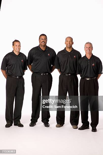 Assistant coaches Bill Bayno, Maurice Lucas, Monty Williams and Dean Demopoulos of the Portland Trail Blazers pose for a portrait during NBA Media...