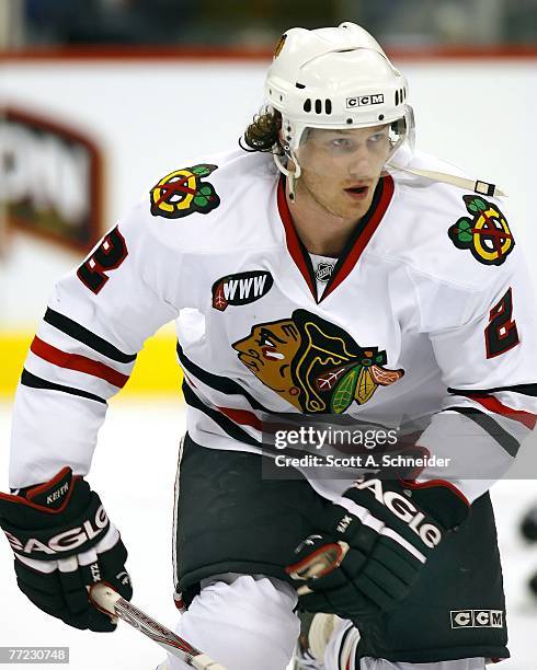 Duncan Keith of the Chicago Blackhawks skates in warmups before a game with the Minnesota Wild on October 4, 2007 at the Xcel Energy Center in St....