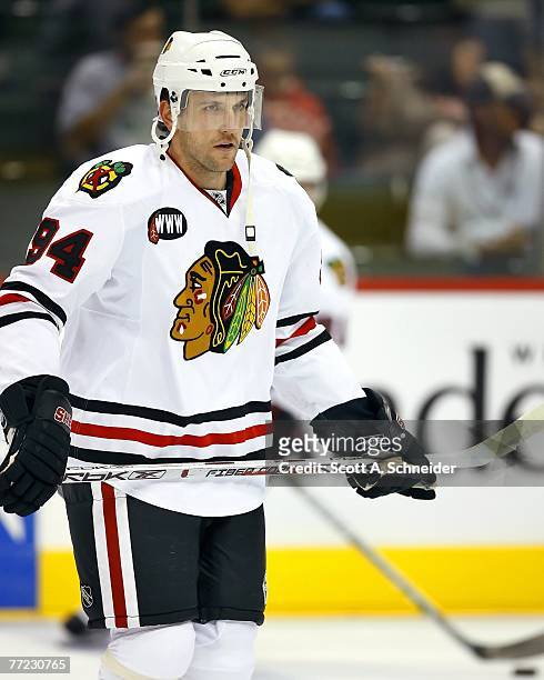 Yanic Perreault of the Chicago Blackhawks skates in warmups before a game with the Minnesota Wild on October 4, 2007 at the Xcel Energy Center in St....