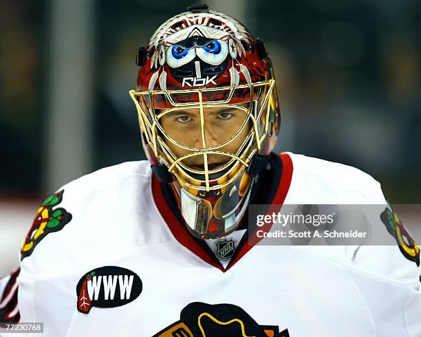 Patrick Lalime of the Chicago Blackhawks skates in warmups before a game with the Minnesota Wild on October 4, 2007 at the Xcel Energy Center in St....