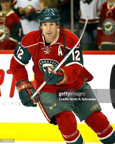 Brian Rolston of the Minnesota Wild skates in warmups before a game with the Chicago Blackhawks on October 4, 2007 at the Xcel Energy Center in St....