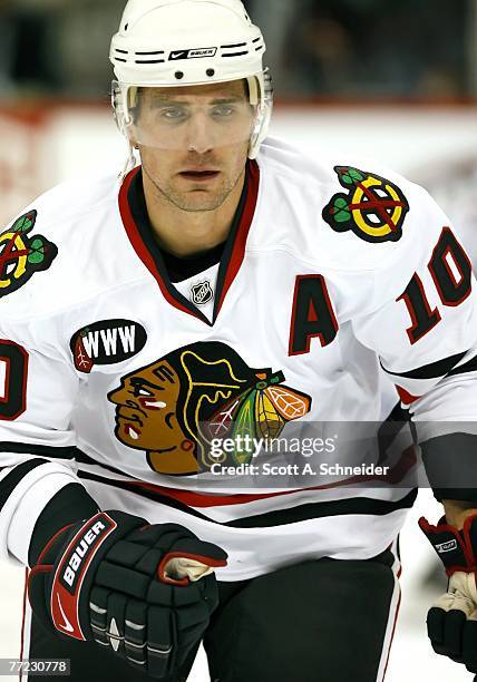 Patrick Sharp of the Chicago Blackhawks skates in warmups before a game with the Minnesota Wild on October 4, 2007 at the Xcel Energy Center in St....