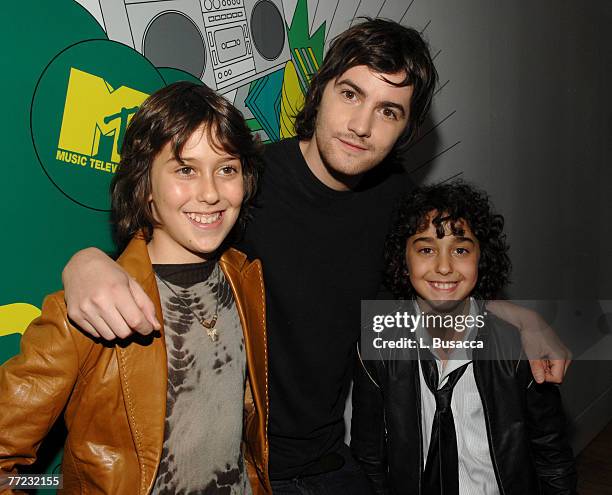 Nat Wolff and Alex Wolff of Nickelodeon's The Naked Brothers Band with actor Jim Sturgess backstage at MTV's "TRL" at the MTV Studios on October 8,...