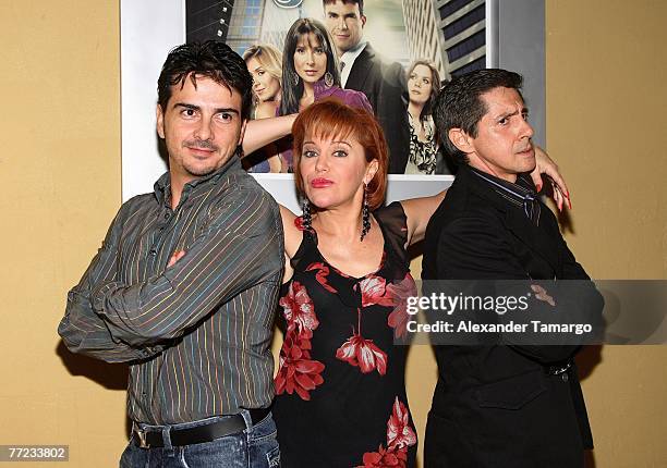 Carlos Camacho, Alicia Plaza, Xaiver Coronel pose during the viewing party for the premiere episode of Telemundo's soap opera "Pecados Ajenos" on...