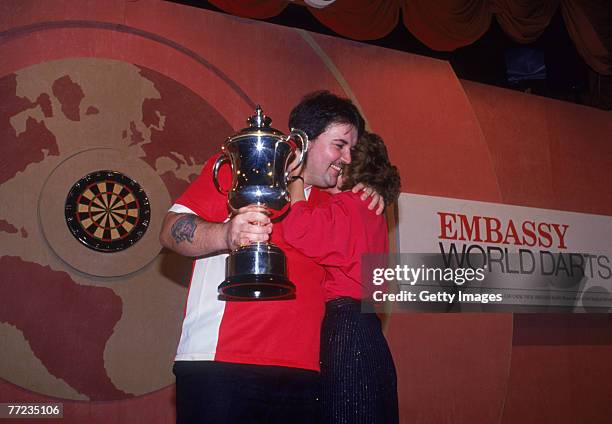 English darts player Phil Taylor wins the World Professional Darts Championship at the Lakeside Country Club at Frimley Green, Surrey, 13th January...