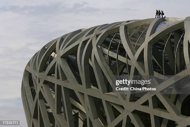 Workers work on the steel structure of the National Stadium, dubbed the "Bird's Nest" on October 9, 2007 in Beijing, China. The main structure of the...