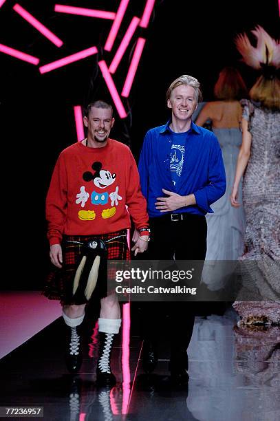 Designer Alexander McQueen walks the catwalk at the Alexander McQueen collection show spring summer 2008 part of Paris Fashion Week at POPB on...