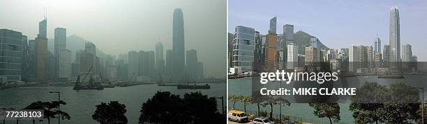 This combo shows a picture of Hong Kong's heavily polluted barely visible skyline 08 October, 2007 and then the same view nearly 24 hours later on 09...