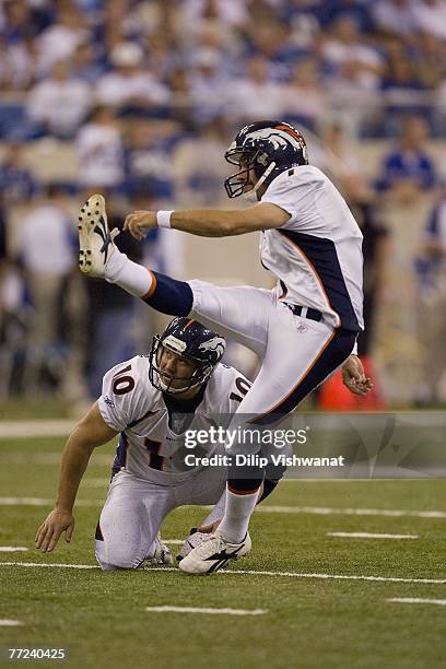 Jason Elam of the Denver Broncos kicks an extra point against the Indianapolis Colts during the NFL game on September 30, 2007 at the RCA Dome in...