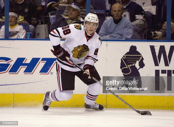 Patrick Kane of the Chicago Blackhawks looks to make a play with the puck during their preseason NHL game against the St. Louis Blues on September...
