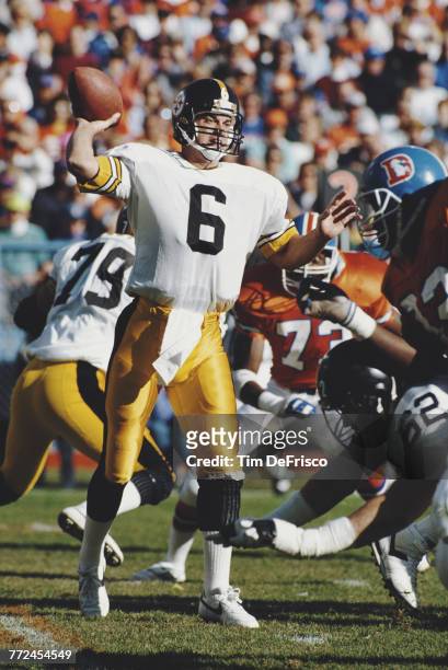 Bubby Brister, Quarterback for the Pittsburgh Steelers prepares to throw a pass during the American Football Conference West game against the Denver...