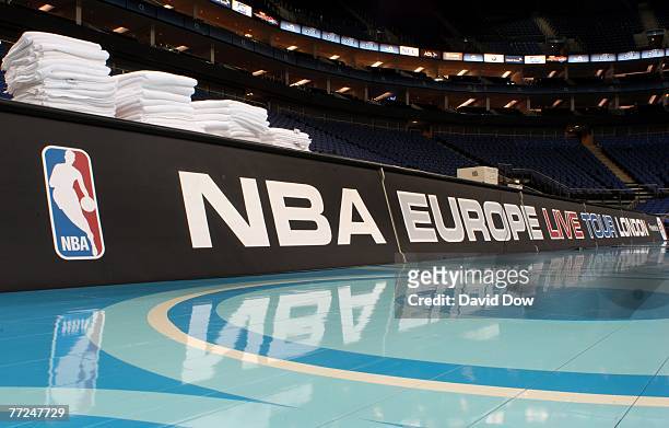 Court logo advertising on display for the Boston Celtics vs Minnesota Timberwolves game to be played at the O2 arena as part off the NBA Europe Live...