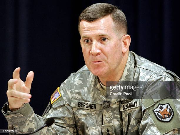 Military spokesman Maj. Gen. Kevin Bergner speaks during a joint press conference on October 10, 2007 in Baghdad, Iraq. The two US officials provide...