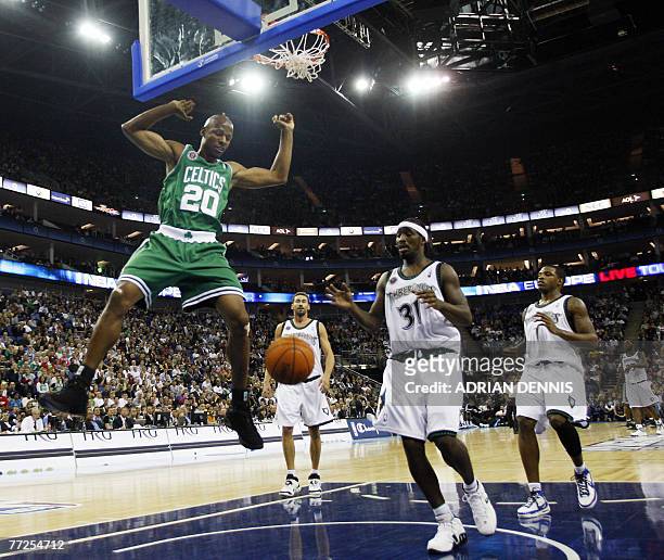 Ray Allen of The Boston Celtics dunks the ball during the game against The Minnesota Timberwolves during NBA Europe Live 2007 tour at The O2 Arena in...