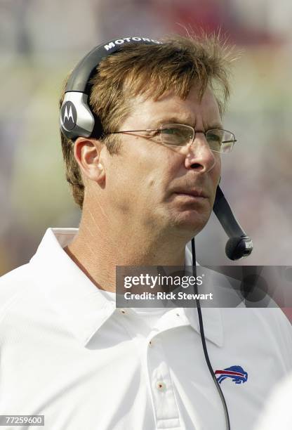 Offensive coordinator Steve Fairchild of the Buffalo Bills watches the action during the game against the New York Jets on September 30, 2007 at...