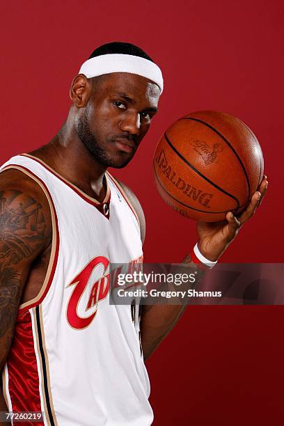 LeBron James of the Cleveland Cavaliers poses for a portrait during NBA Media Day at Cleveland Clinic Courts on October 1, 2007 in Independence,...