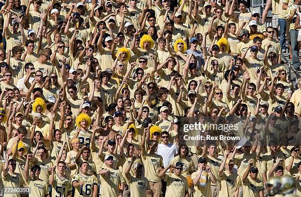 Georgia Tech Yellow Jackets fans get fired up during the first half against the Clemson Tigers at Bobby Dodd Stadium on September 29, 2007 in...