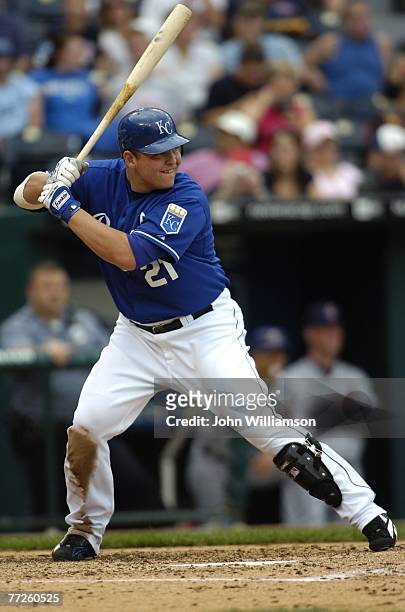 Designated hitter Billy Butler of the Kansas City Royals bats during the game against the Cleveland Indians at Kauffman Stadium in Kansas City,...