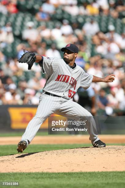 Johan Santana of the Minnesota Twins pitches during the game against the Chicago White Sox at U.S. Cellular Field in Chicago, Illinois on September...