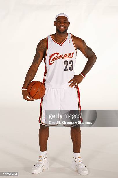LeBron James of the Cleveland Cavaliers poses for a portrait during NBA Media Day at Cleveland Clinic Courts on October 1, 2007 in Independence,...