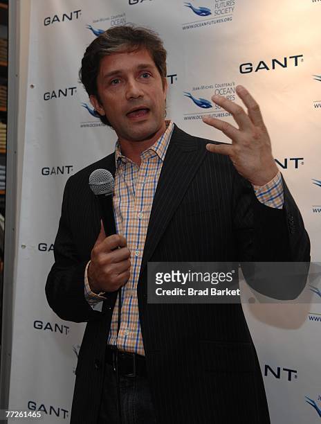Ocean environmentalist Fabien Cousteau speaks at the 'Patterns of Green' lecture series at the Gant flagship store on October 10, 2007 in New York...
