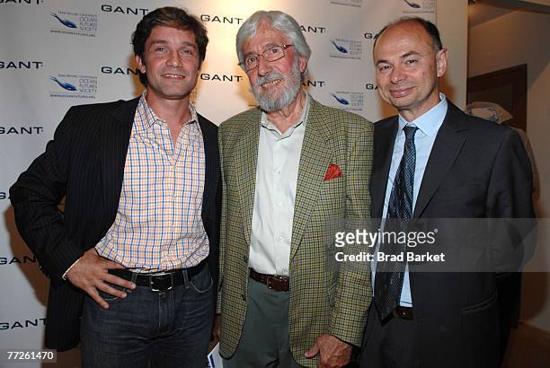Ocean environmentalist Fabien Cousteau, Jean Michel Cousteau and CEO of Gant Ari Hoffman pose for a picture at the 'Patterns of Green' lecture series...
