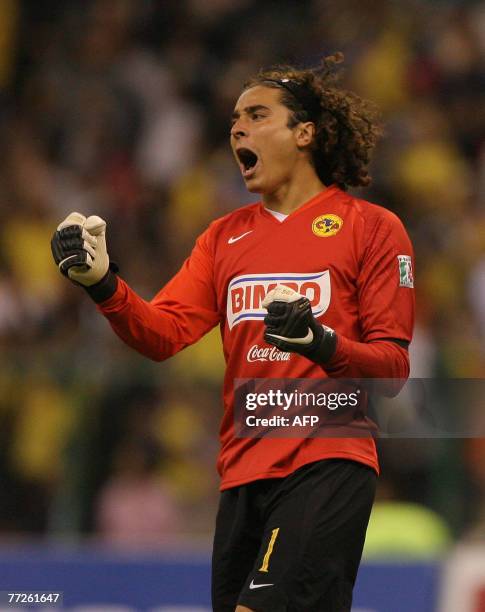 America's player Guillermo Ochoa celebrates a goal against Vasco da Gama from Brazil, during their quarterfinals Copa Sudamericana soccer match in...