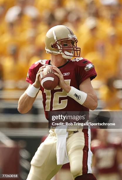 Matt Ryan of the Boston College Eagles drops back to pass against the Bowling Green Falcons on October 6, 2007 at Alumni Stadium in Chestnut Hill,...