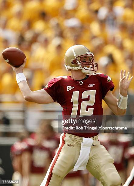 Matt Ryan of the Boston College Eagles passes against the Bowling Green Falcons on October 6, 2007 at Alumni Stadium in Chestnut Hill, Massachusetts....