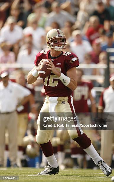 Matt Ryan of the Boston College Eagles drops back to pass against the Bowling Green Falcons on October 6, 2007 at Alumni Stadium in Chestnut Hill,...