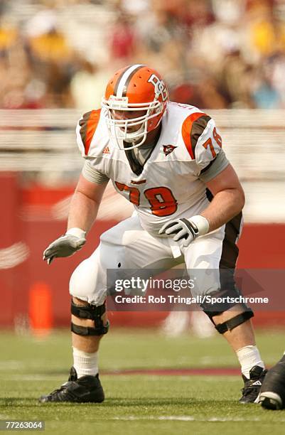 Kory Lichtensteiger of the Bowling Green Falcons blocks agains the Boston College Eagles on October 6, 2007 at Alumni Stadium in Chestnut Hill,...