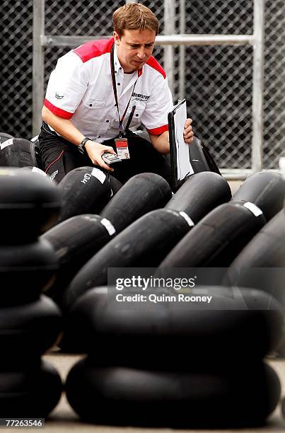 Bridgestone tyre technichan is seen testing tyres in the pit paddock ahead of the Australian Motorcycle Grand Prix at the Phillip Island Circuit on...