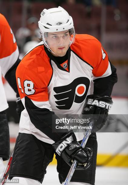Daniel Briere of the Philadelphia Flyers skates during the warmup before the game against the Vancouver Cancuks at General Motors Place on October...