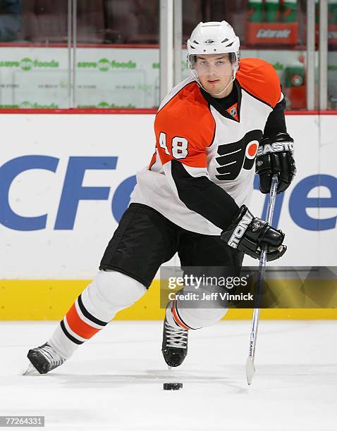 Daniel Briere of the Philadelphia Flyers carries the puck up the ice during their game against the Vancouver Cancuks at General Motors Place on...