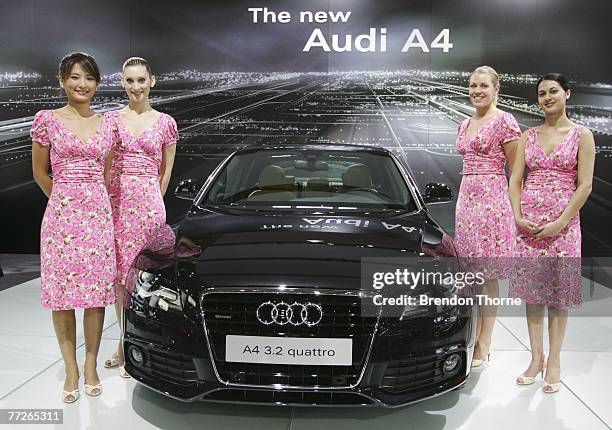 Models pose with the new Audi A4 3.2 Quattro at the 2007 Australian International Motor Show at the Sydney Convention and Exhibition Centre on...