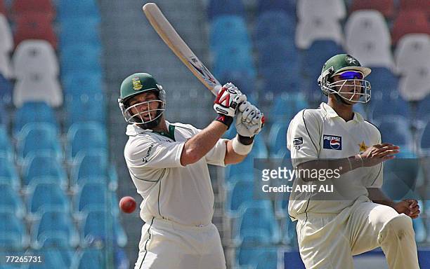 South African batsman Jacques Kallis play a stroke during the fourth day of the second Test match between Pakistan and South Africa at the Gaddafi...