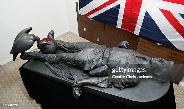 Work of art entitled 'The Death of Prince Harry' by artist Daniel Edwards is on display at the Bridge Art Fair on October 11, 2007 in London,...