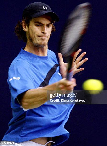 Andy Murray of Great Britain in action against Janko Tipsarevic of Serbia during the ATP Kremlin Cup, on October 11, 2007 in Moscow, Russia.